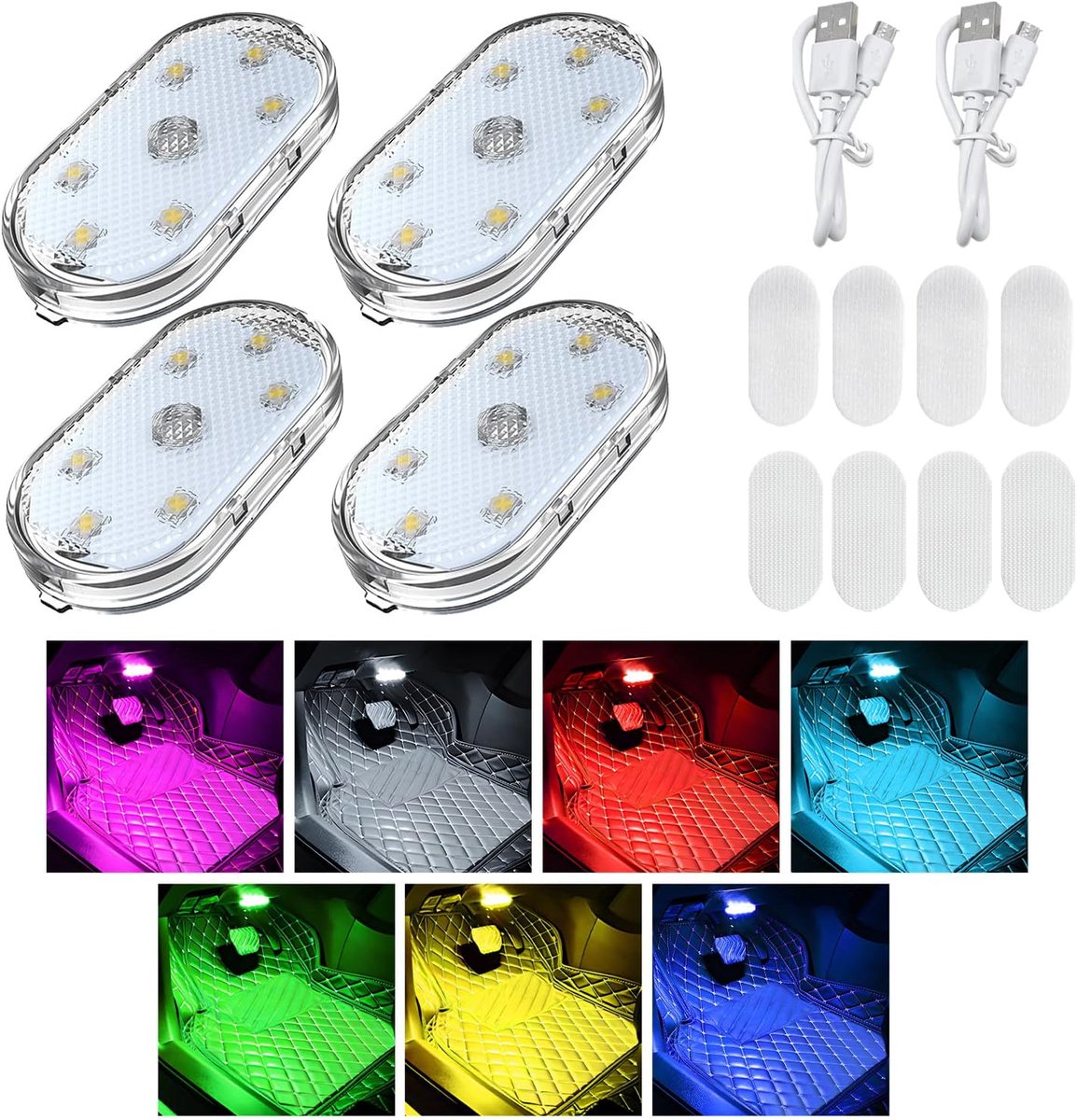 Set van 4 draadloze LED-autolampjes, draagbaar USB-opladen, sfeerverlichting in de auto met 7 kleuren, leeslampjes/nachtlampjes voor binnen, met 6 LED-parels, autoaccessoires (zelfklevende bevestigingsmiddelen).