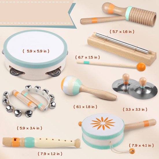 Afmetingen van houten muziekinstrumenten: trommel, xylofoon, tamboerijn, cimbalen, blokfluit, rammelaar en buisklok.