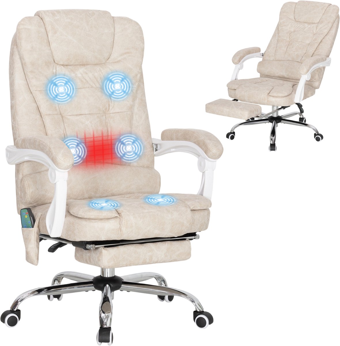 Directiestoel - met massage- en verwarmingsfunctie - in hoogte verstelbaar - verstelbare rugleuning - 65 x 70 x 111-119 cm - crèmekleurig