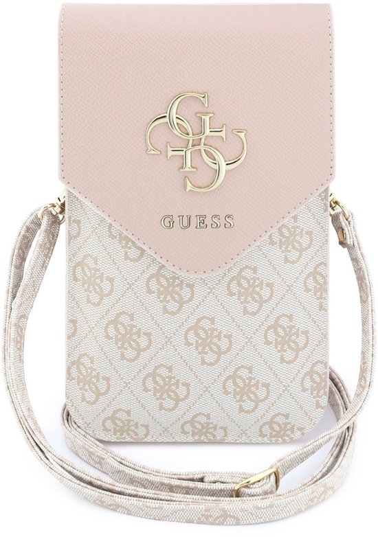 Lichtroze telefoonhoes met logo-print, gouden Guess-logo en bijpassende band.