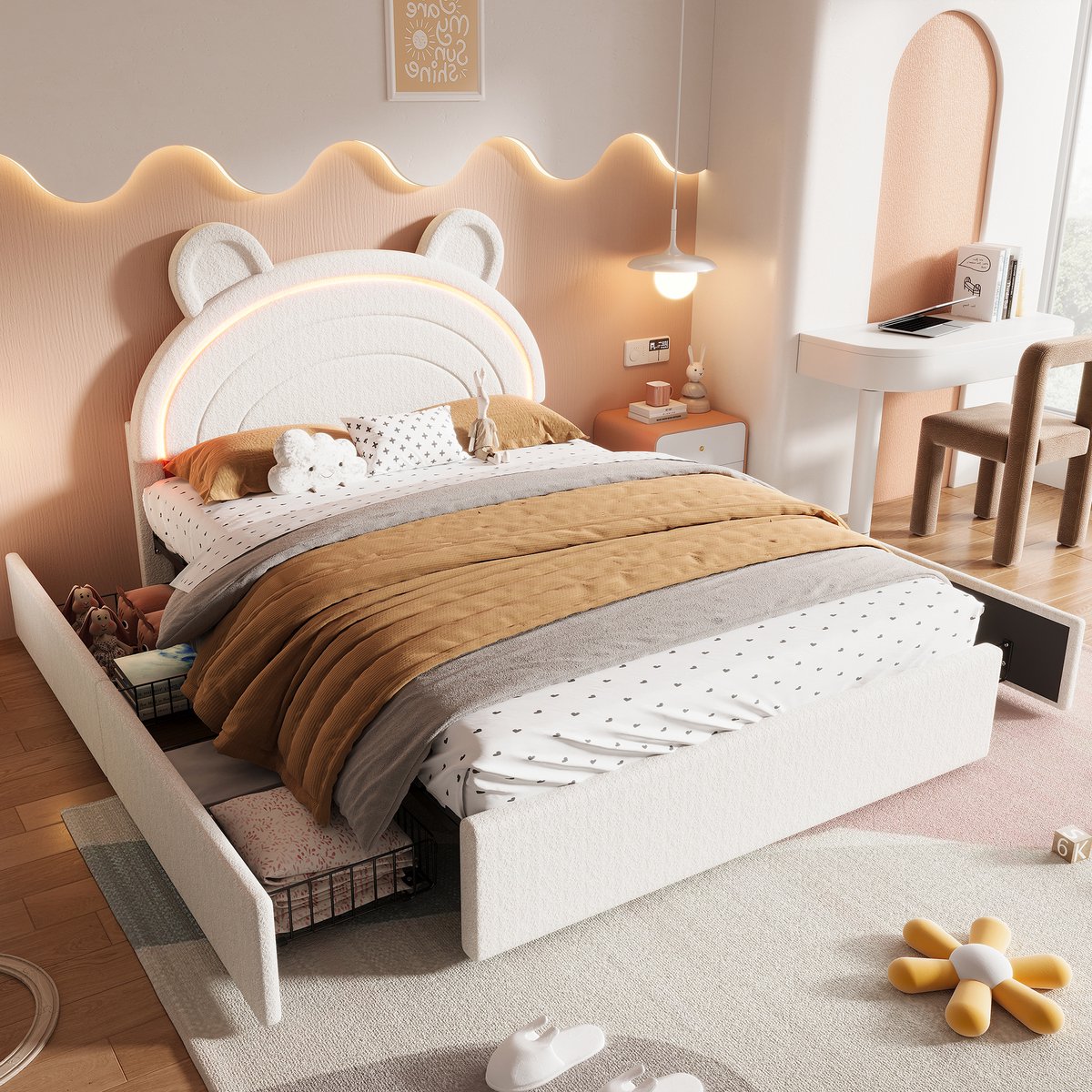 STILVORA Kinderbed 140 x 200 cm – Berenhoofdbord met Ledverlichting via App – 4 Lades aan Beide Zijden – Fluwelen Bekleding – Beige – Zonder Matras