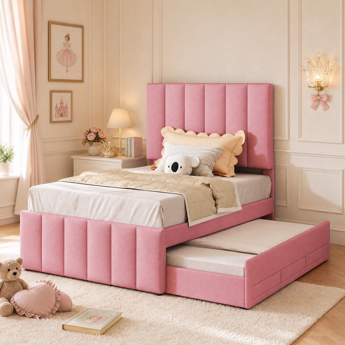 WUVRIE Kinderbed 90 x 200 cm met uitschuifbed, 3 lades en verstelbaar hoofdbord, roze