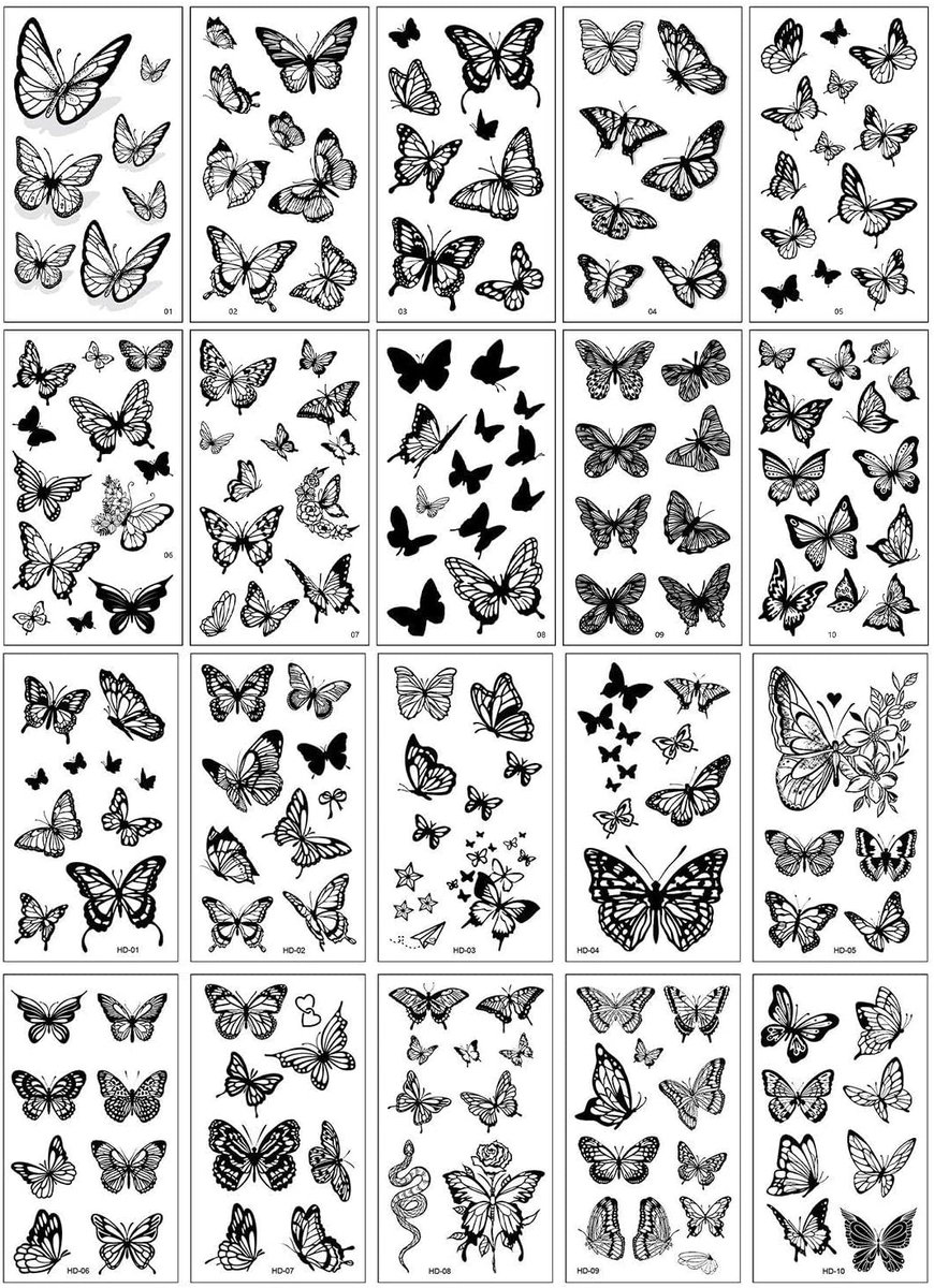 20 vlindertattoostickers, modieuze en gepersonaliseerde tattoostickers, lichaamsdecoratieaccessoires, feestkledingaccessoires.
