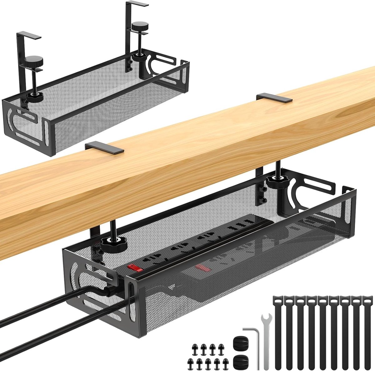FoiiLiio Under Desk Cable Management Set of 2 Drill-free Bottom Table Cable Management Clamping Cable Organizer Tray - ShopVlot