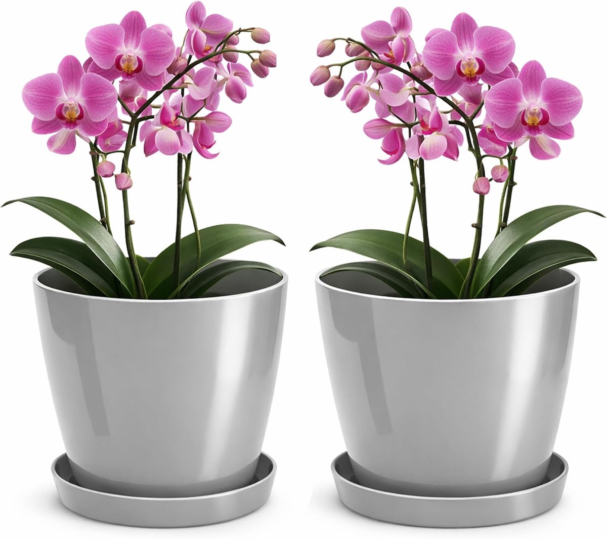 Bloempot glanzend, plantenbak van kunststof, decoratieve pot voor grote en kleine planten, set van 2 bloempotten met onderzetter, bloempot kruidenpot, grijs, diameter 14 cm