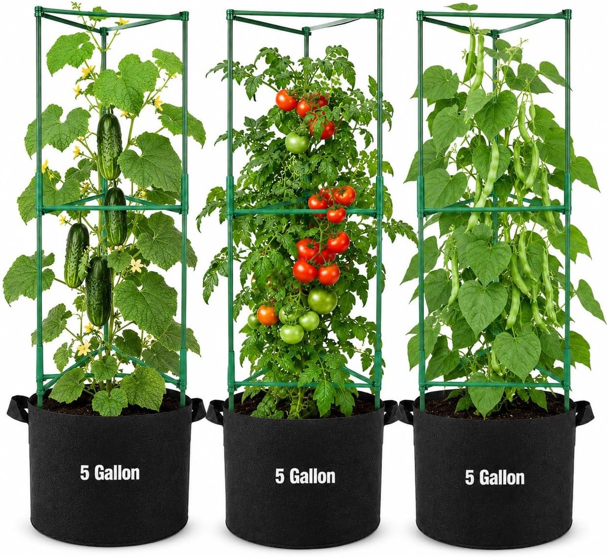 Set van 3 vierkante tomatenkooien met 5 gallon kweekzakken, set met steunpalen voor tuinplanten, bloemen en groentetwerk voor verticale klimplanten, wijnstokken (160 cm)