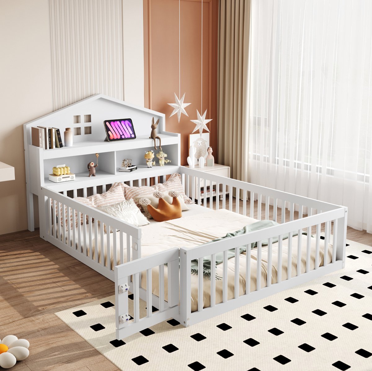 WUVRIE Kinderbed 140x200 cm in huisvorm met opbergruimte, lattenbodem, valbeveiliging en deur, wit