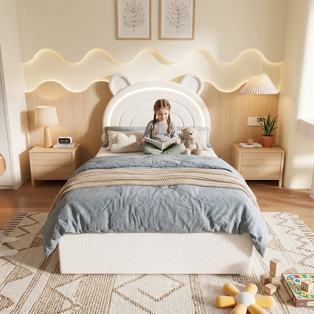 STILVORA Kinderbed 90 x 200 cm – Berenhoofdbord Met Appgestuurde LED Verlichting – 4 Lades – Zonder Matras – Fluwelen Bekleding – Beige
