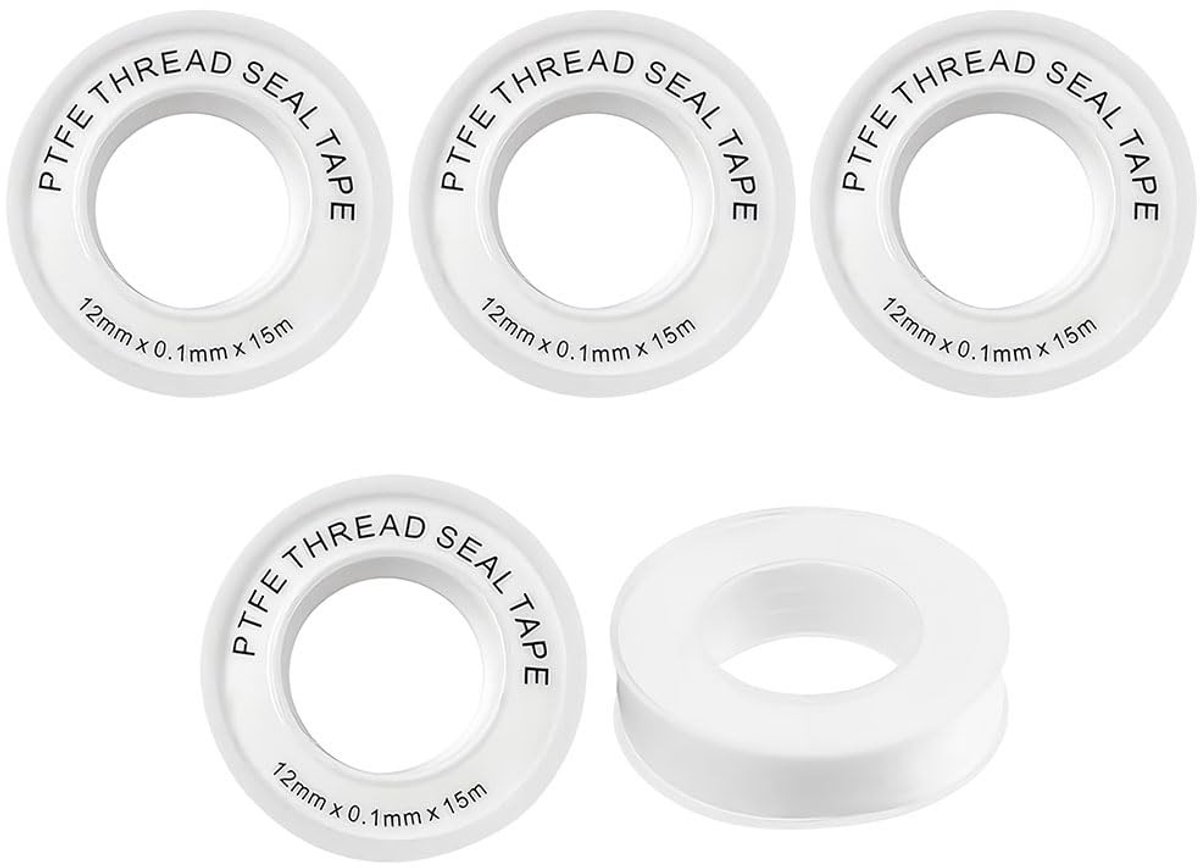Dichtingstape voor leidingen, 12 mm x 13 m, 5 stuks, Teflon tape voor waterdichte afdichting, voorkomt lekkages in leidingen en kranen