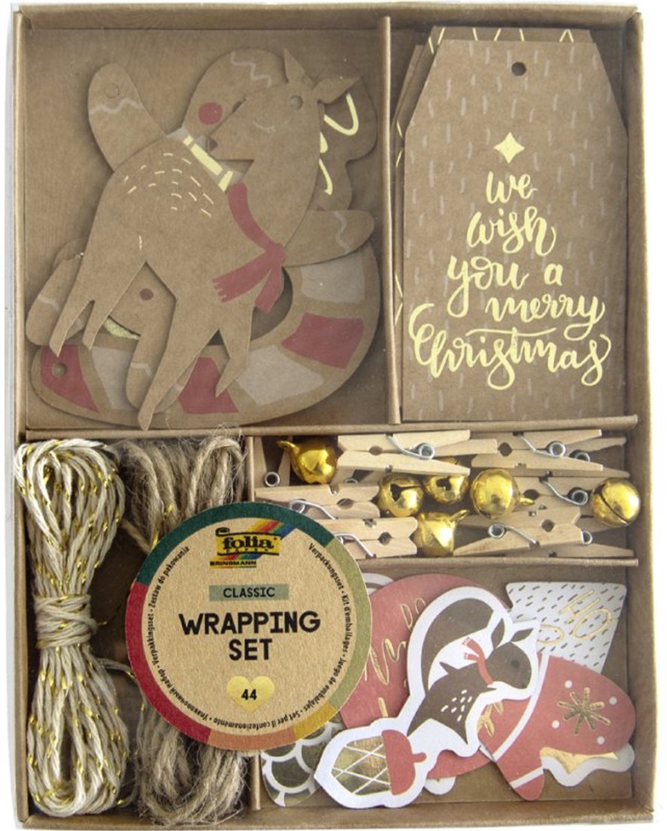 folia verpakkingsset Classic, kerst, 44-delig, cadeaupapier accessoires