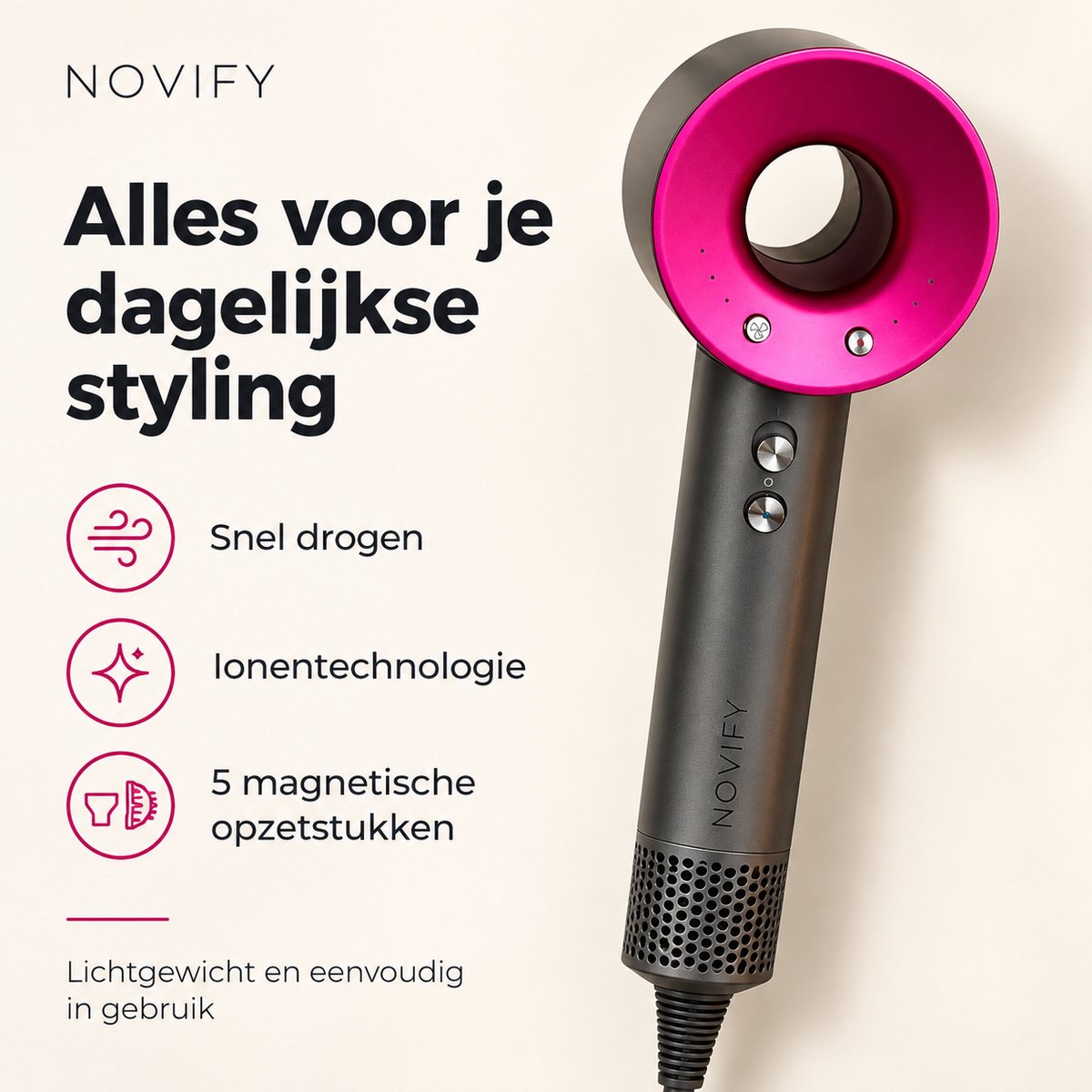 NOVIFY® Fohn - Fohnborstel - Haardroger met 5 opzetstukken - Fohn met Diffuser - 1500W - Velvet Steel - 2025 thumbnail 2