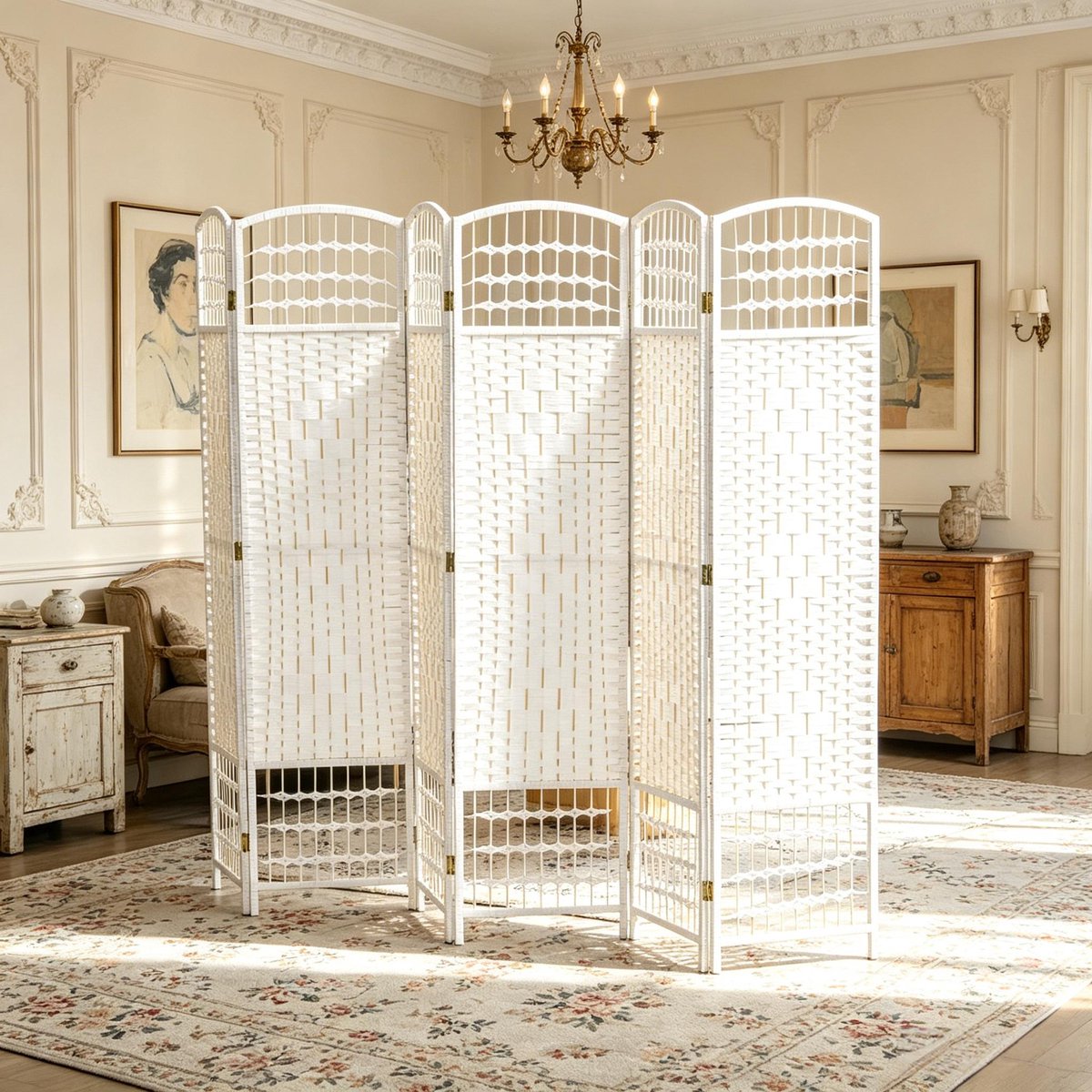 DESMIU Kamerscherm – Opvouwbaar Met 6 Panelen – 242 x 170 cm – Hout En Papierkoord – Wit – Voor Privacy En Ruimteverdeling