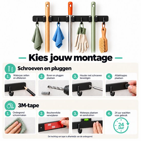 Volcan Bezemhouder - Bezem Ophangsysteem Tuingereedschap - 3 Houders 4 Haken - 3M Tape - Gereedschapshouder - RVS Zwart van Volcan — afbeelding 4