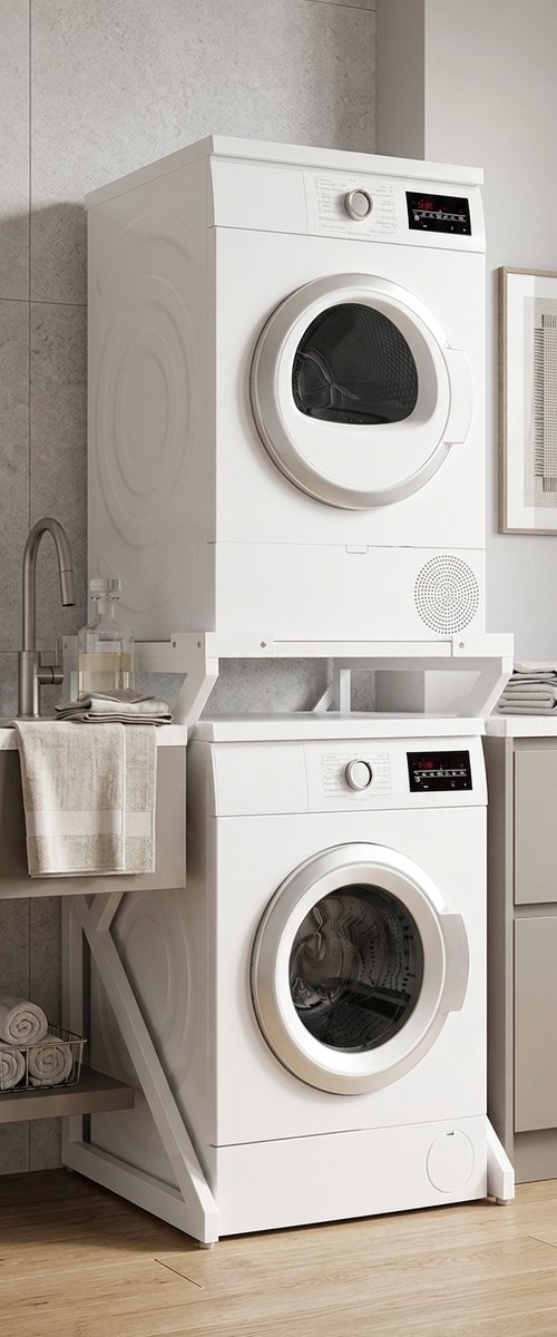 Livista Wasmachine Verhoger - Wasmachine Stapelrek - Universeel Wasmachine en Droger Verhoger - Wasmachine Ombouw - Wasmachinerek - Wasmachine Sokkel - Metaal Wit - Anti Vibratie - Robuust - Stevig - Stabiel