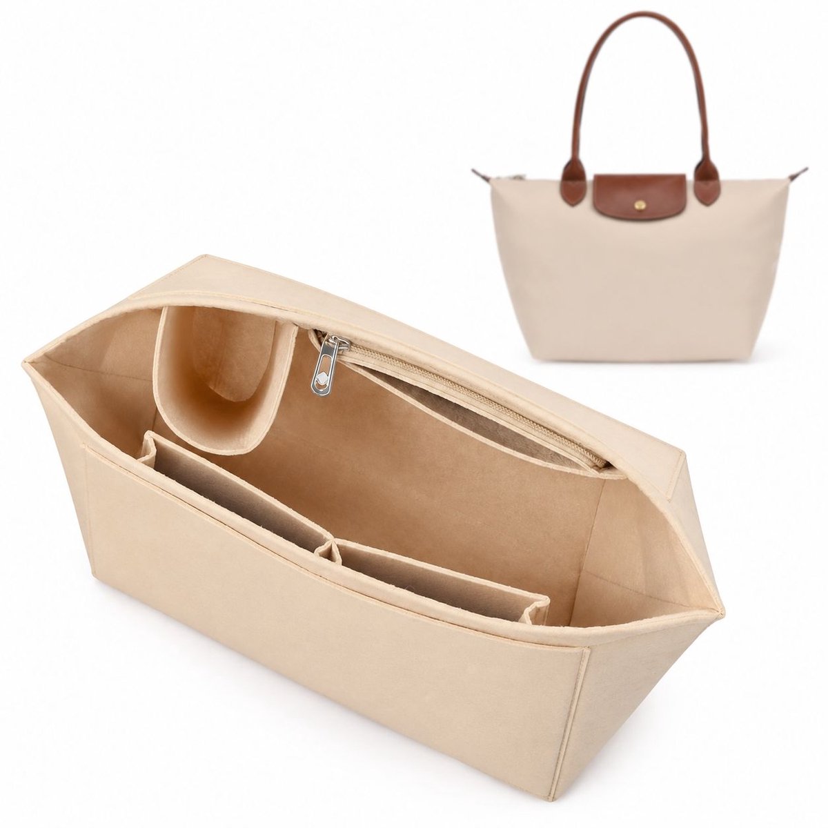 VHV - Tasorganizer - M - Beige inzetstuk - Handtas organizer - Binnenzak tas organizer - Multifunctionele vakken - Rits inzetstuk tas - op reis