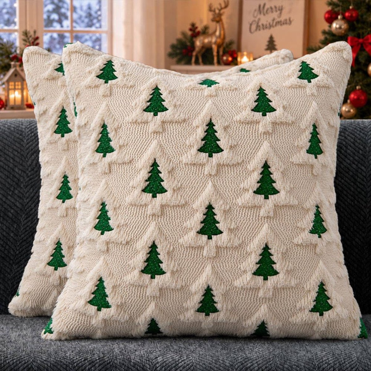 2 Pcs beige kussenhoezen 18x18 inch - pluche met dubbel kerstboommotief - zachte kerstdecoratie voor bank en slaapkamer