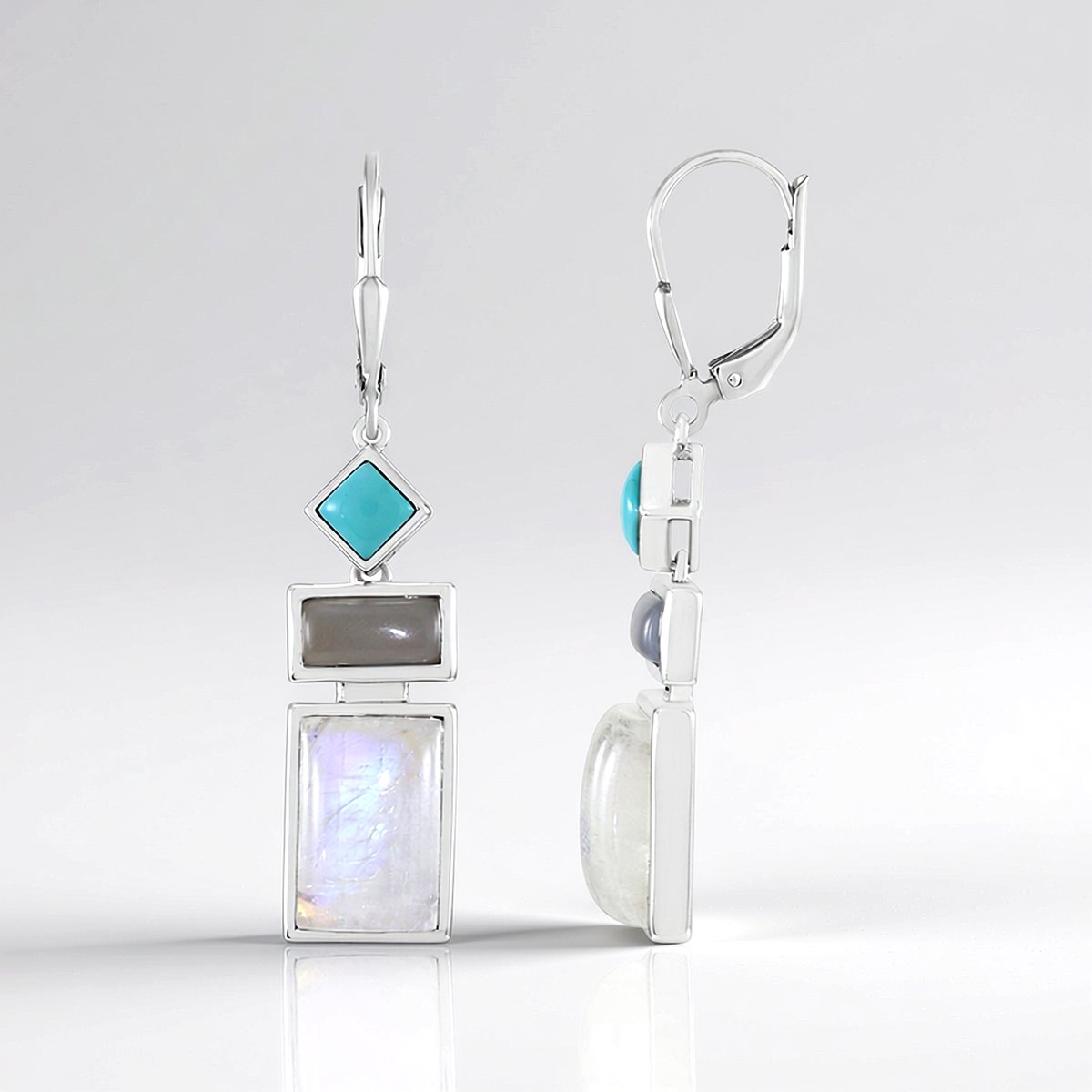 Cavill - Elegante Oorbellen 9 ct Blauwe Maansteen & Sleeping Beauty Turkoois - 925 Sterling Zilver - Baguette Cabochon - Comfortabel & Stijlvol