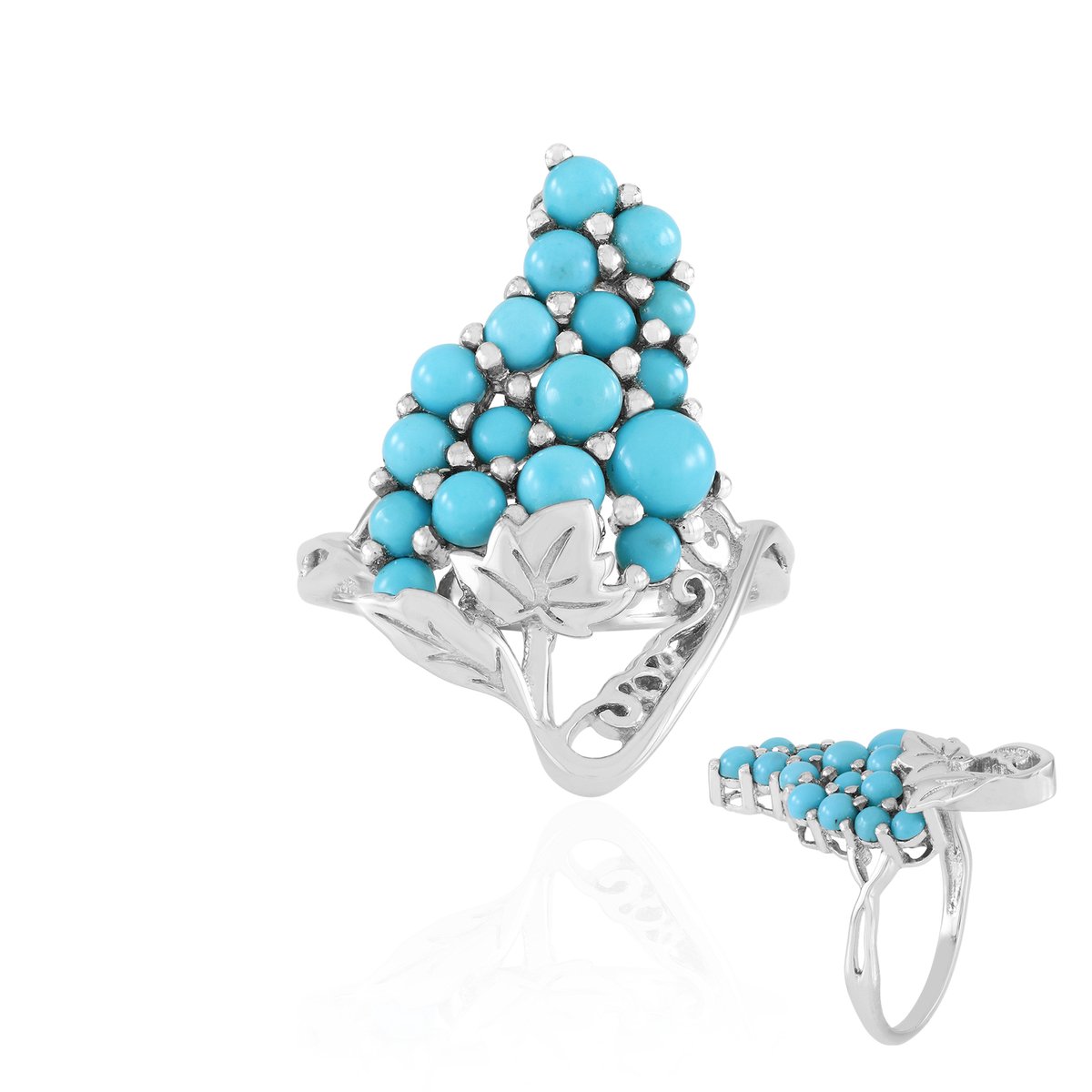Cavill - Zilveren ring - 925 Sterling Zilver Verstelbaar - Sleeping Beauty Turkoois 2,445 ct - Rond Cabochon - Filigraan Natuurmotief - Dames