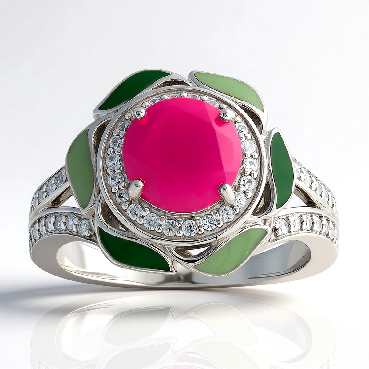 Cavill - Zilveren Rhodium Vergulde Ring - 925 Sterling Zilver - Frambozen Chalcedoon 1,206 ct Rond - Zirkonia Pavé 0,282 ct - Elegante Damesring