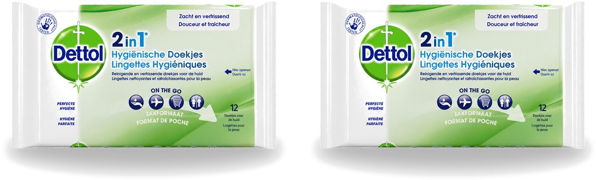 2 x Dettol - Reinigingsdoekjes - 2-in-1 Reiniging & Desinfectie - On the Go - 12 Doekjes - Bulkverpakking - 2 stuks