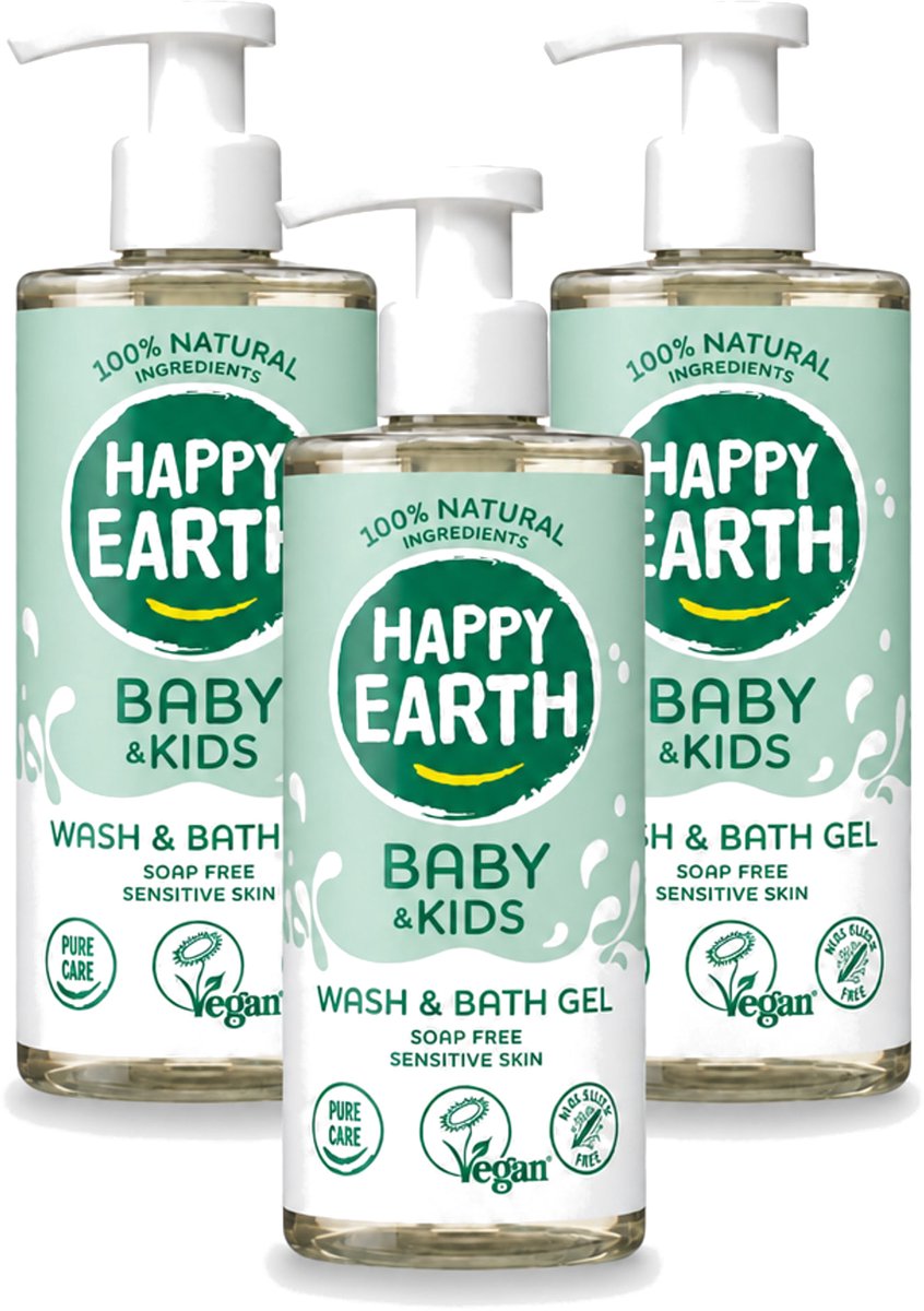 3 x Happy Earth – Was & Badgel – Zeepvrij Baby & Kids – 300 ml - Voordeelverpakking - 3 stuks