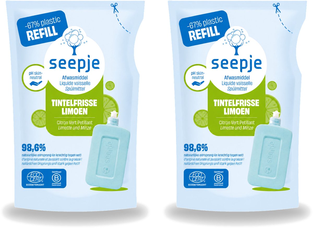 2 x Seepje - Afwasmiddel - Duurzaam & Herbruikbaar - Re-fill - Tintelfrisse Limoen Geur - 500 ml - Voordeelverpakking - 2 stuks