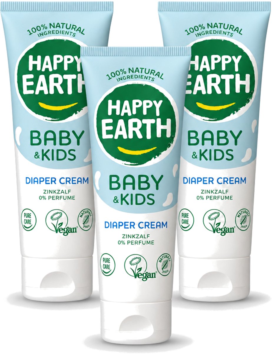 3 x Happy Earth – Diaper Cream – 100% Natuurlijk Baby & Kids – 75 ml - Voordeelverpakking - 3 stuks