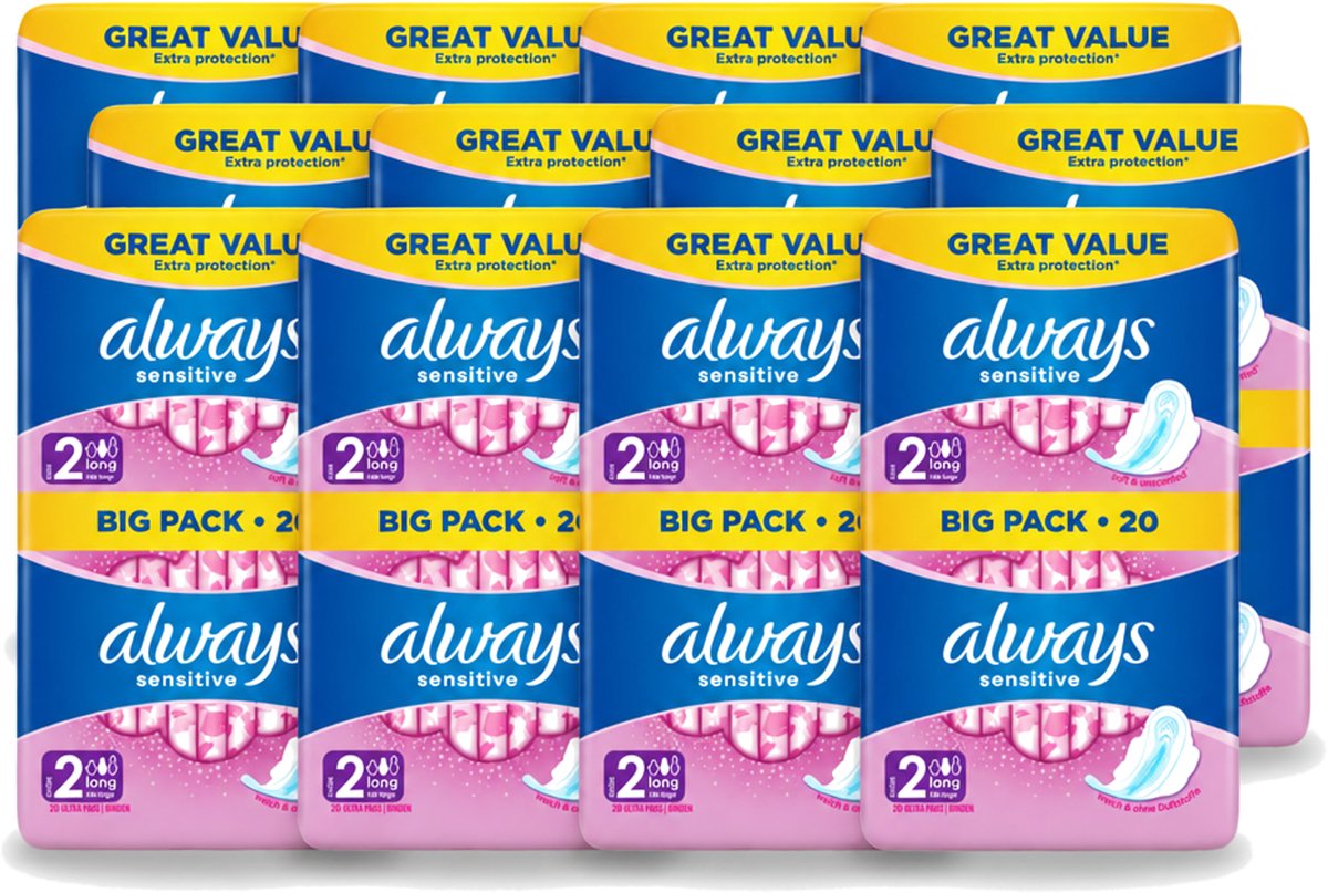 12 x Always - Maandverband - Long - Sensitive - 20 Maandverband - Voordeelverpakking - 12 stuks