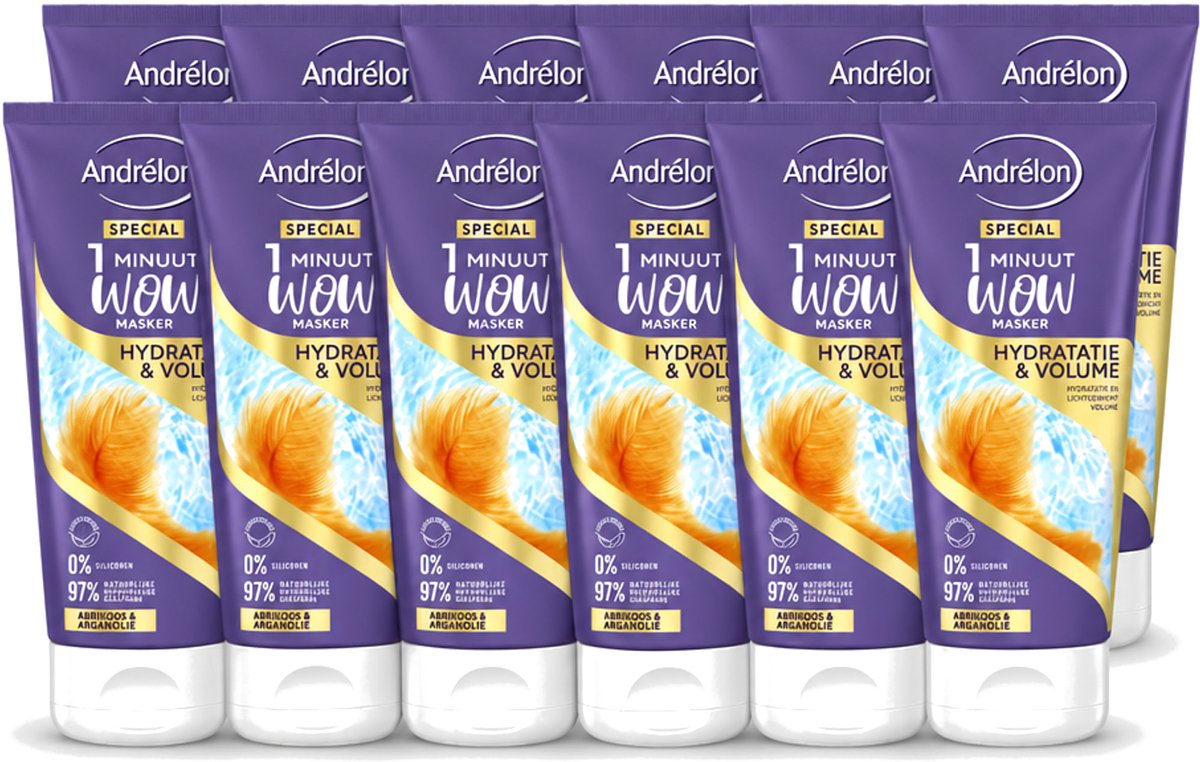 12 x Andrélon - WOW - 1 Minuut Masker - Hydratatie & Volume - 180 ml - Voordeelverpakking - 12 stuks