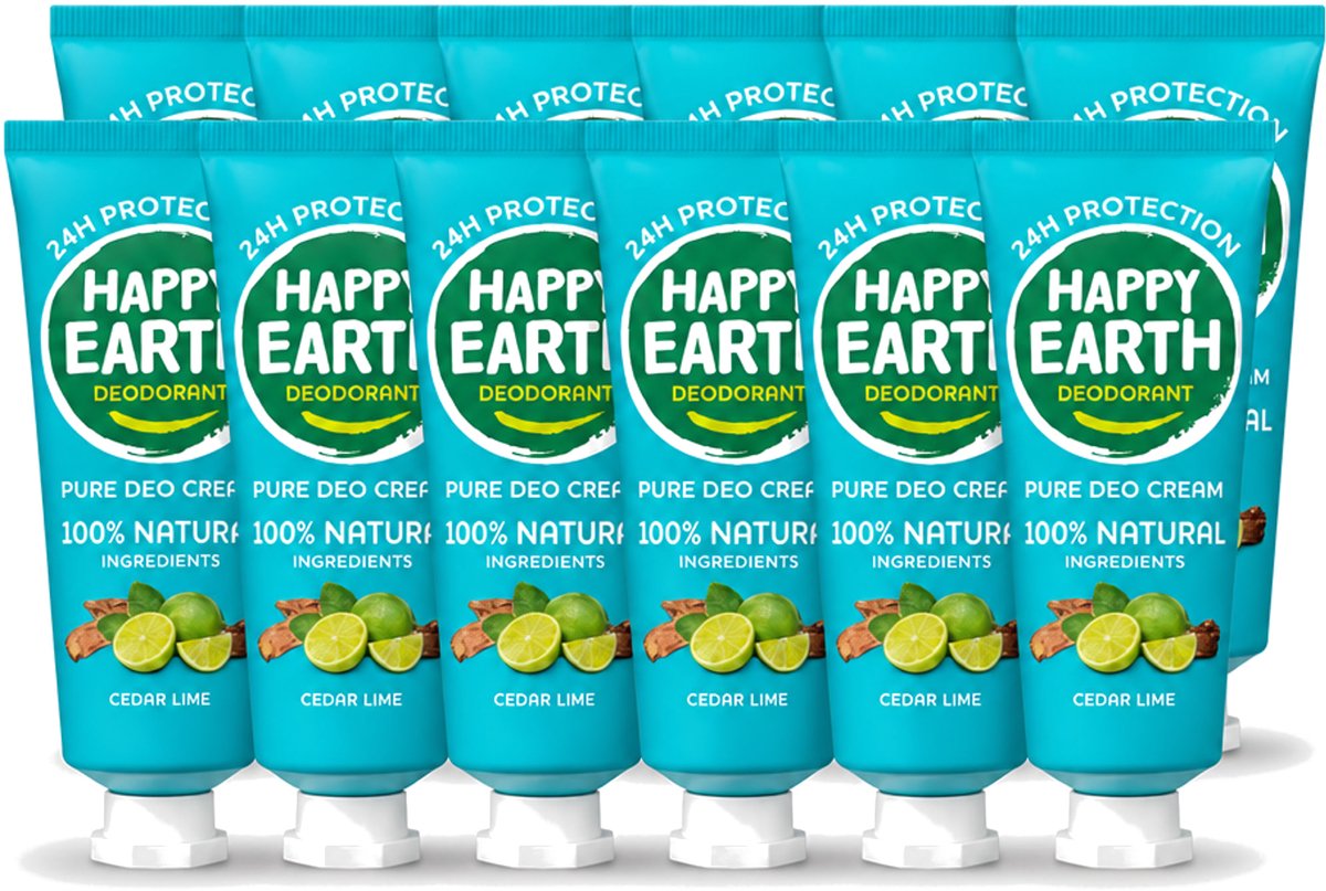 12 x Happy Earth – Deodorant Cream – 100% Natuurlijk Cedar Lime – 40 ml - Voordeelverpakking - 12 stuks