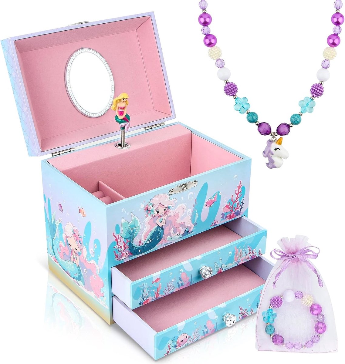 Ballerina Muziekdoos voor Meisjes met 2 Uittrekbare Lades, Sieraden Doos voor Kinderen, Verjaardagscadeau voor Meisjes van 3-10 Jaar