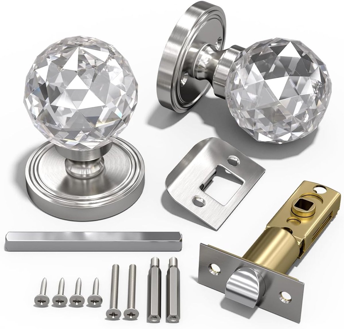 Bwintech 1 Pair Brushed Nickel Solid Crystal Door Knobs, 65mm Palace Style Crystal Internal Door Handle with Latch and - ShopVlot