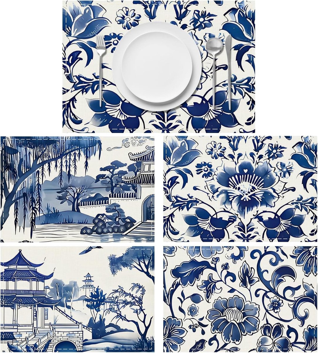 Set van 4 Onderleggers van Blauw en Wit Porselein, 30 x 45 cm, Wasbaar, Handgenaaid, Antislip, Geschikt voor Keuken, Woonkamer en Eetkamer