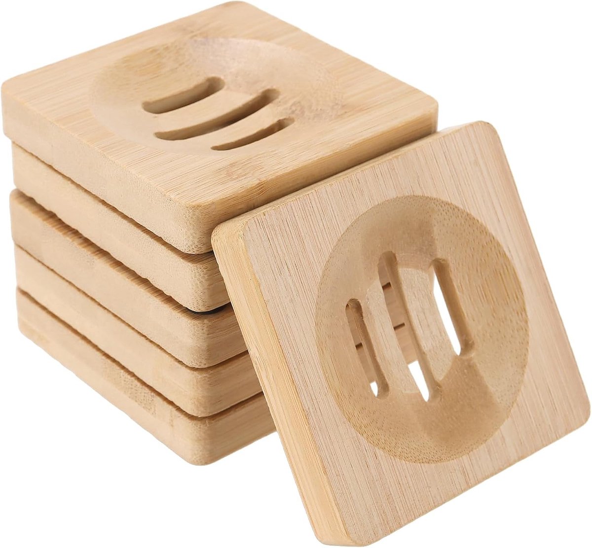 Vierkante Zeepdispenser van Natuurlijk Bamboe 8.5 x 8.5 x 1.5 cm met Houten Afvoer voor Badkamer en Keuken Sink