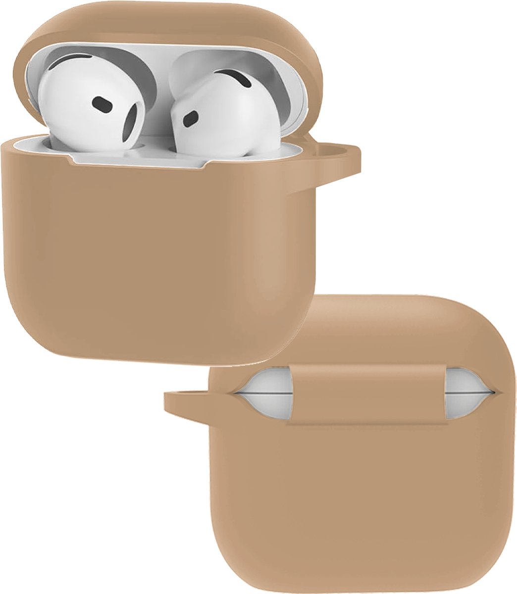 Hoes - Geschikt voor Apple AirPods 5 - Siliconen Hoesje met Clip - Silicone Case Cover - Zand