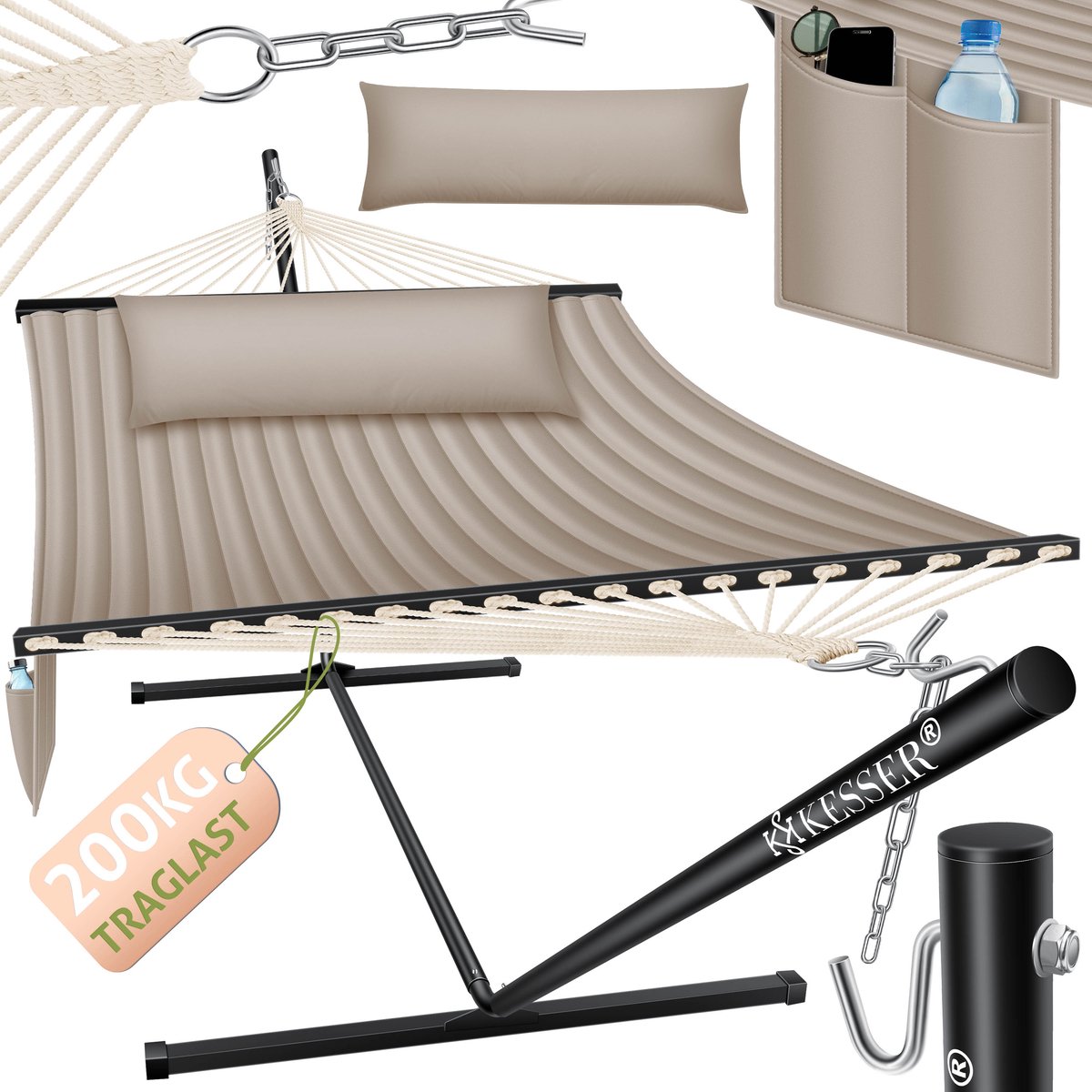 KESSER® Hangmat HILL met standaard - 2 personen - 200 kg belastbaar - 360 x 120 x 115 cm - Taupe