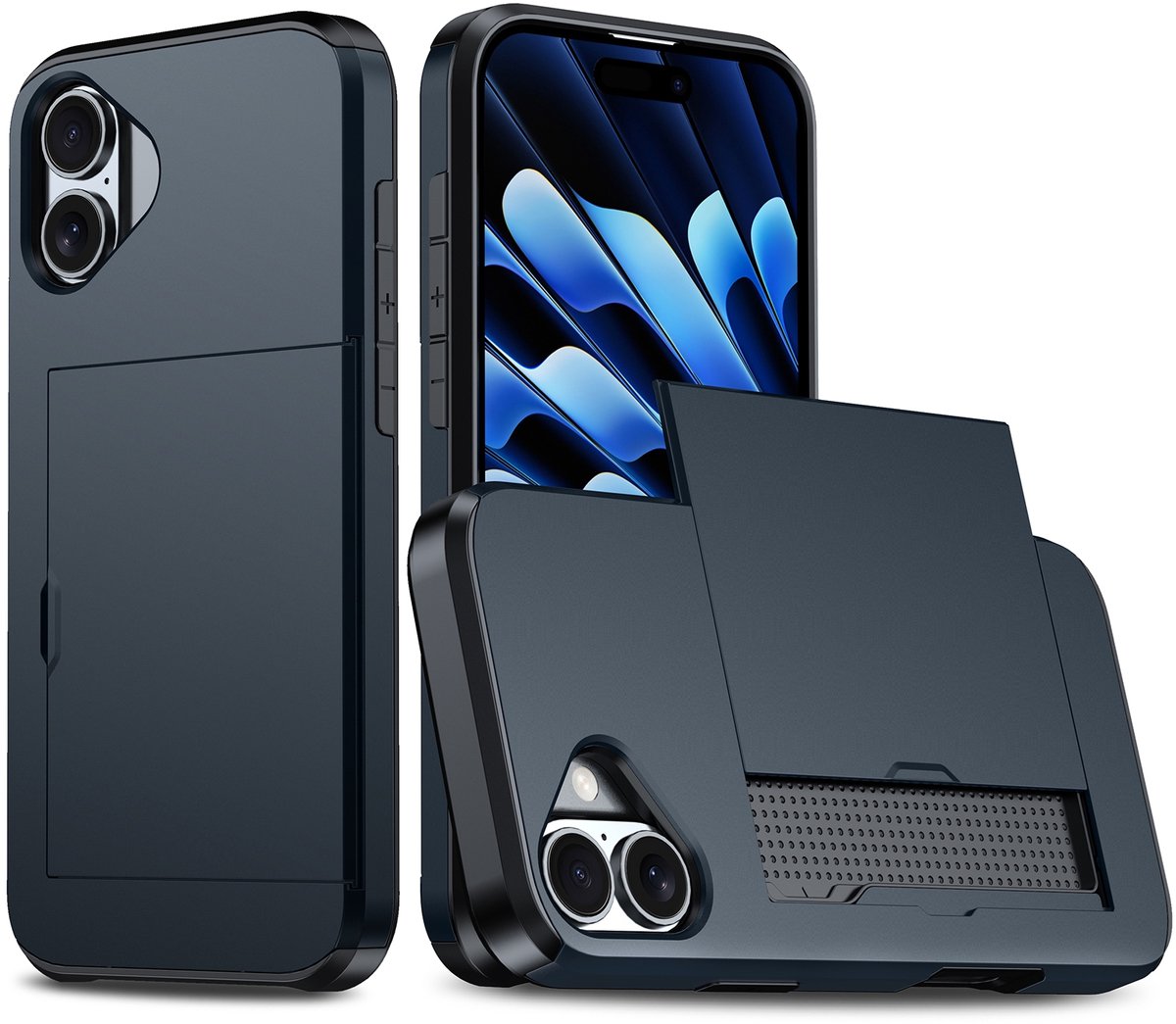 Shockproof Armor Case voor de Apple iPhone 16 met Kaartslot - Blauw