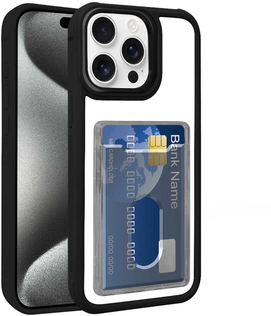 Hoesje met Pasjeshouder voor de iPhone 15 Pro Max - Electroplated Acryl Hybrid TPU - Zwart