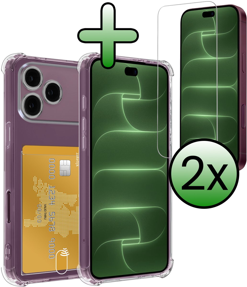 Hoesje Geschikt voor Apple iPhone 18 Pro - Met 2x Screenprotector - Pashouder - Kaarthouder - Telefoon Hoes Shockproof - Siliconen Case - Back Cover - Shock Proof - Pasjes Houder - Transparant