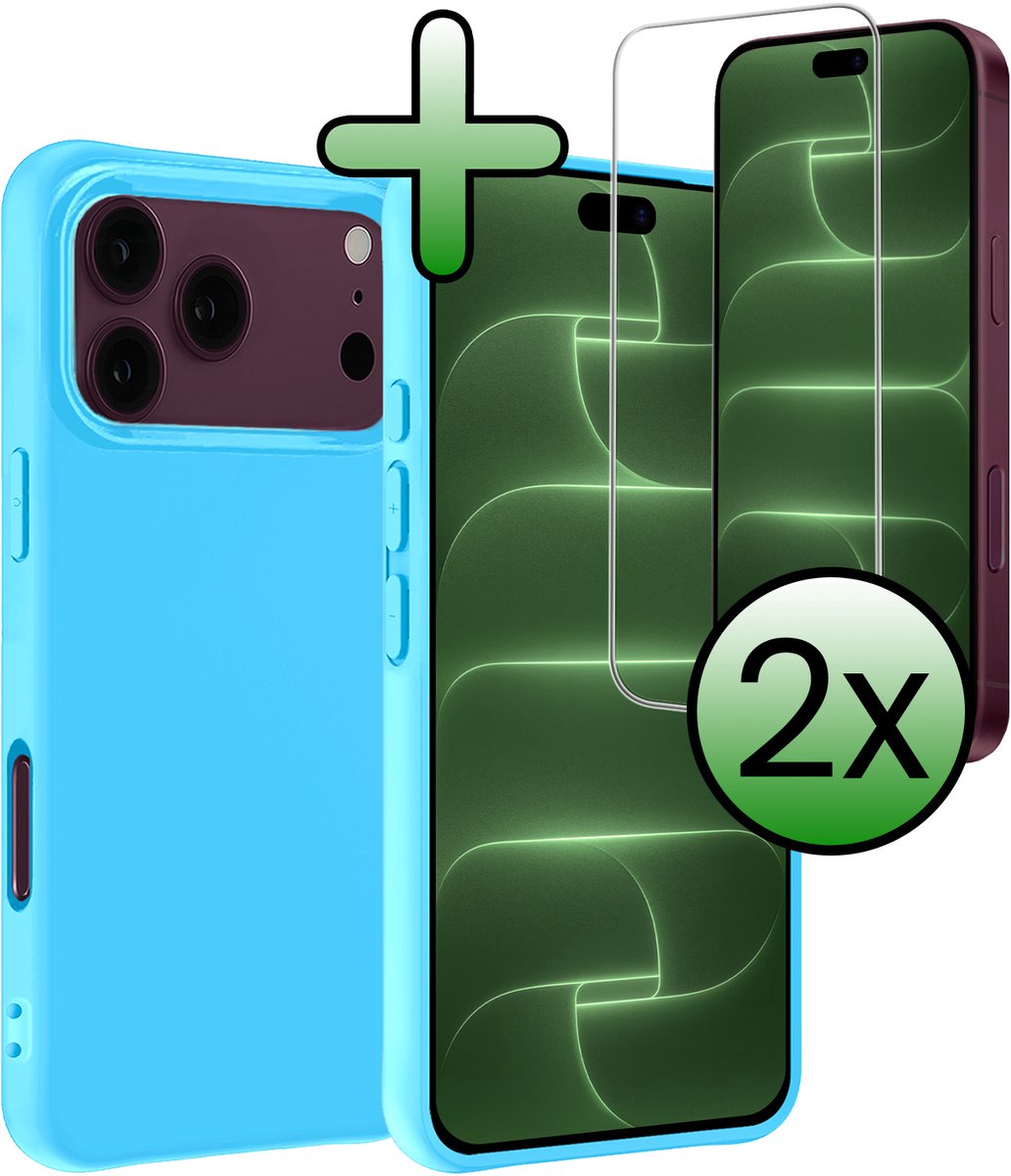 Hoesje Met 2x Screenprotector - Geschikt voor Apple iPhone 18 Pro - Sterk & Shockproof - Back Cover - Siliconen Case - Telefoon Hoes - Lichtblauw