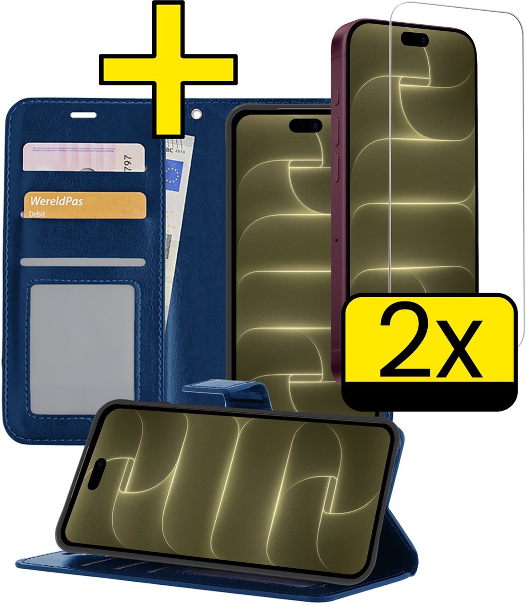 Hoesje - Met 2x Screenprotector - Geschikt voor Apple iPhone 18 Pro Max - Luxe Pasjeshouder - Bookcase Portemonee - Flip Case - Kunstleer Book Case - Flipcase Hoes - Book Cover - Walletcase - Portemonneehoes - Telefoonhoesjes - Donkerblauw