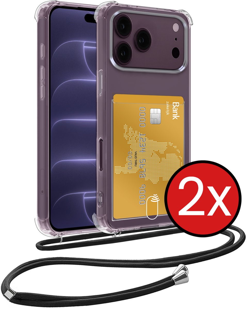 Hoesje Geschikt voor iPhone 18 Pro Max Hoesje Met Telefoonkoord en Pasjeshouder Siliconen - Hoes Geschikt voor iPhone 18 Pro Max Hoesje Met Kaarthouder Shock Proof Case - Transparant - 2 PACK