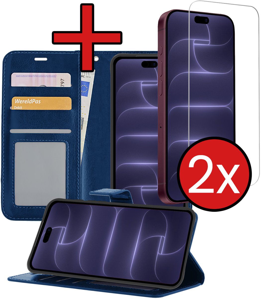 Hoesje - Met 2x Screenprotector - Geschikt voor Apple iPhone 18 Pro - Luxe Pasjeshouder - Flip Case - Bookcase Portemonee - Kunstleer Book Case - Flipcase Hoes - Book Cover - Walletcase - Portemonneehoes - Telefoonhoes - Donkerblauw