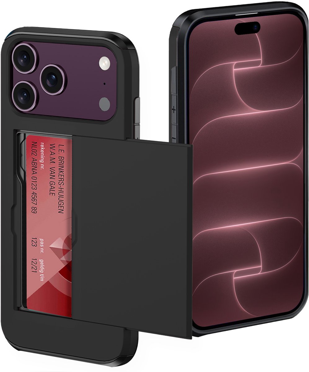 Hoes Geschikt voor iPhone 18 Pro Max Hoesje Pasjeshouder Hard Cover Shock Proof Hard Case Hoes Met Kaarthouder - Zwart