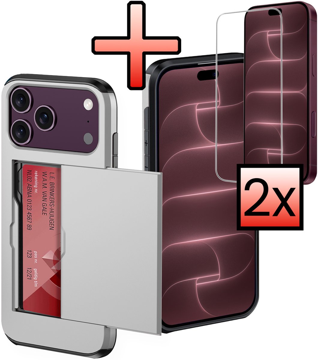Hoes Geschikt voor iPhone 18 Pro Hoesje Pasjeshouder Hard Cover Met 2x Screenprotector Shock Proof Hard Case Hoes Met Kaarthouder - Grijs