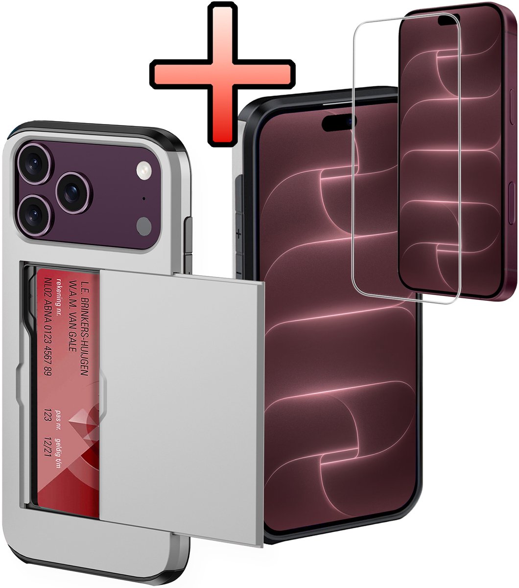 Hoes Geschikt voor iPhone 18 Pro Hoesje Pasjeshouder Hard Cover Met Screenprotector Shock Proof Hard Case Hoes Met Kaarthouder - Grijs