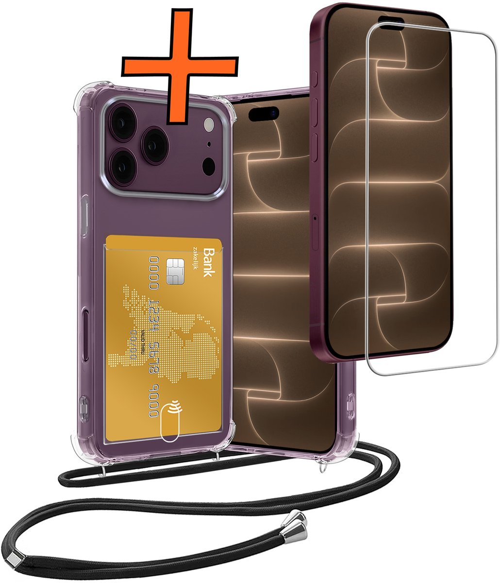Hoesje Geschikt voor iPhone 18 Pro Max Hoesje Met Telefoonketting Pasjeshouder Shockproof Case Met Screenprotector Koord - Hoesje Geschikt voor iPhone 18 Pro Max Hoes Met Kaarthouder - Transparant
