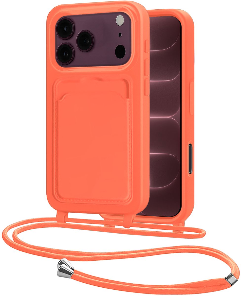 Hoes Geschikt voor iPhone 18 Pro Met Telefoonkoord - Siliconen Hoesje Backcover Met Ketting - Papaya