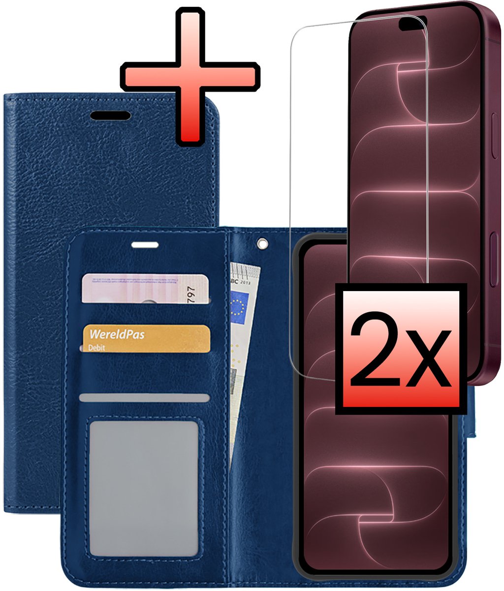 Hoesje - Met 2x Screenprotector - Geschikt voor Apple iPhone 18 Pro - Luxe Pasjeshouder - Bookcase Portemonee - Flip Case - Kunstleer Book Case - Flipcase Hoes - Book Cover - Walletcase - Portemonneehoes - Donkerblauw