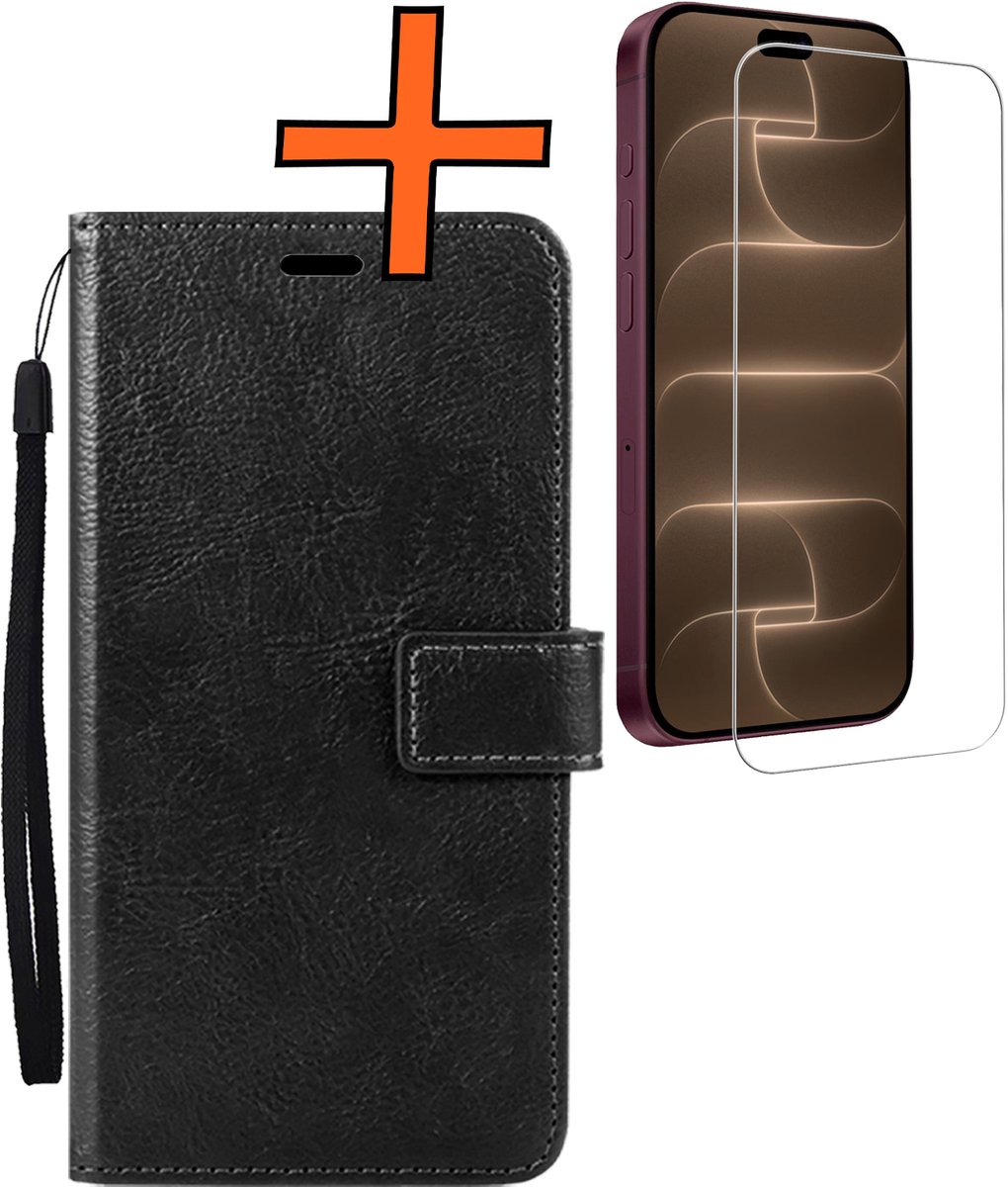 Hoes - Met Screenprotector - Geschikt voor Apple iPhone 18 Pro Max - Luxe Pasjeshouder - Bookcase Portemonee - Flip Case - Kunstleer Book Case - Flipcase - Book Cover - Walletcase - PortemonneeHoes - Zwart